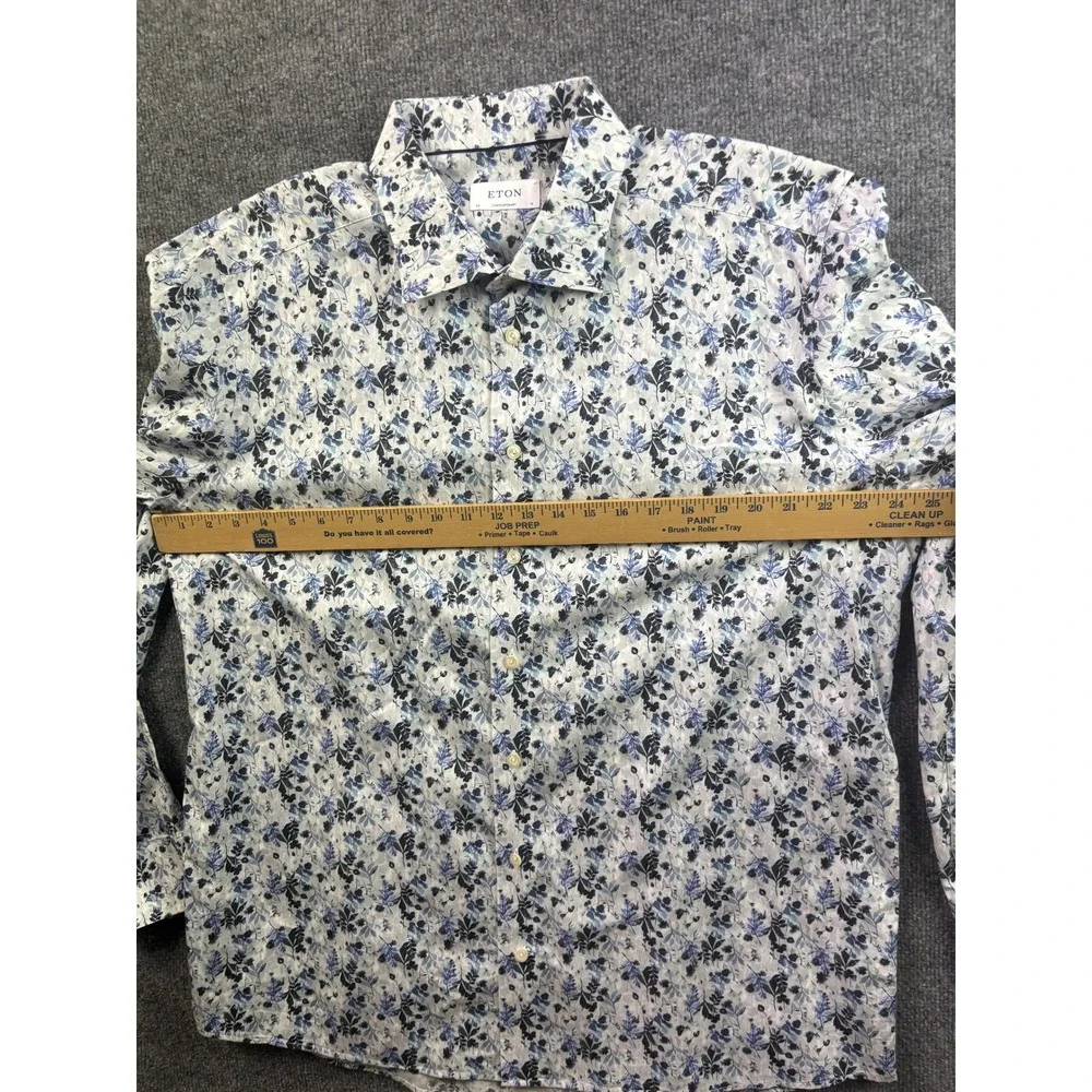 Eton Button Down Shirt Mens 18 46 Blue White Floral Contemporary Fit Long Sleeve